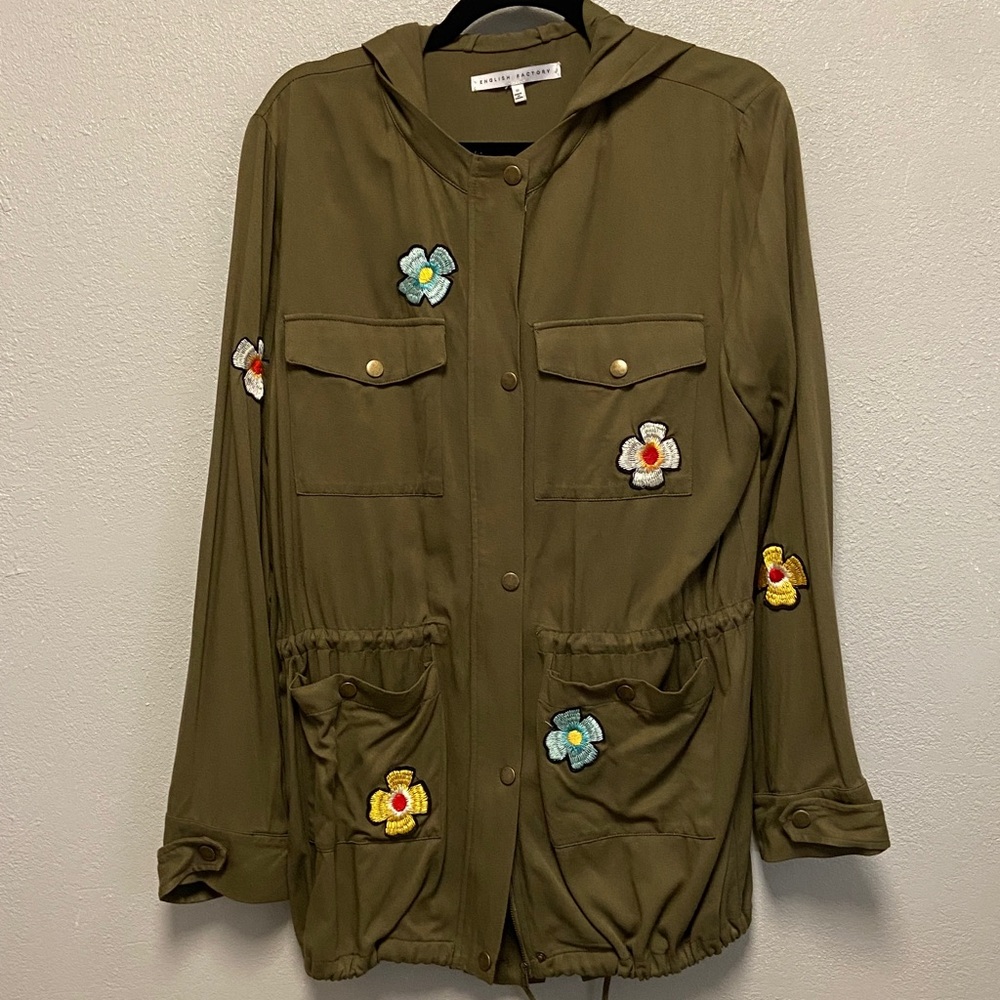 English Factory Olive Green Floral Embellished Military Utility Hoodie Jacket - Picture 2 of 11